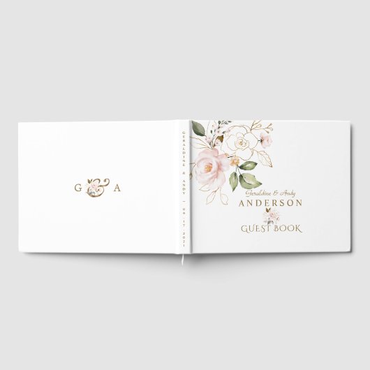 Trouwmonogram met roze blos gouden bloemen gastenboek (Volledig)