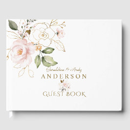 Trouwmonogram met roze blos gouden bloemen gastenboek