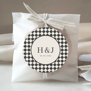 Trouwmonogram met vintage ivoor en zwart geruit ronde sticker