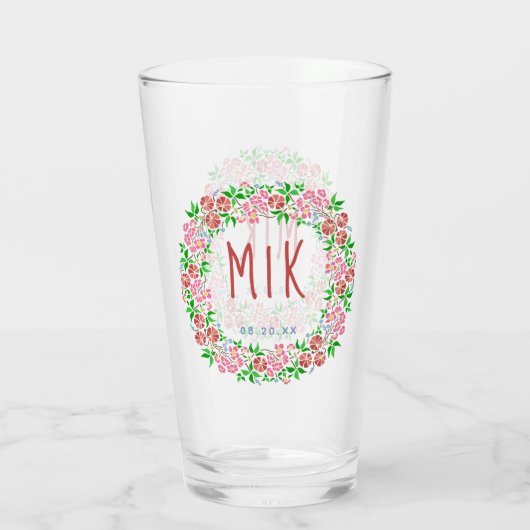 Trouwmonogram Mooie bloemenslingers Huwelijksdatum Glas (Achterkant)