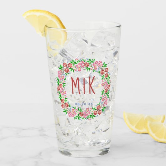 Trouwmonogram Mooie bloemenslingers Huwelijksdatum Glas (Voorkant ijs)