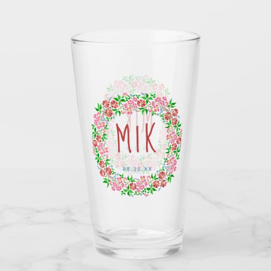 Trouwmonogram Mooie bloemenslingers Huwelijksdatum Glas (Voorkant)