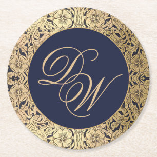 Trouwmonogram Navyblauw Goud Vintage Elegant Ronde Kartonnen Onderzetter