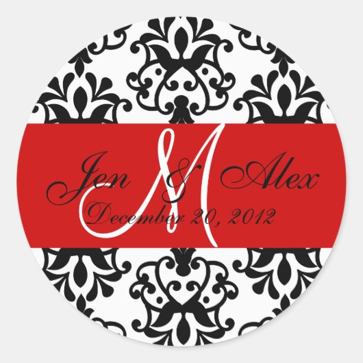 Trouwmonogram Opslaan Datum Damast Red Seal Ronde Sticker (Voorkant)