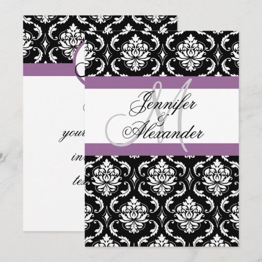 Trouwmonogram Paarse Damast Uitnodiging Achterkant (Voorkant / Achterkant)