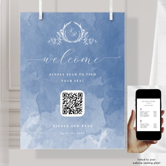 Trouwmonogram QR-code zitplaatsbord in stoffig bla Poster