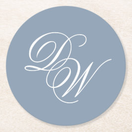 Trouwmonogram Stofblauw Elegant Schrift Eenvoudig Ronde Kartonnen Onderzetter