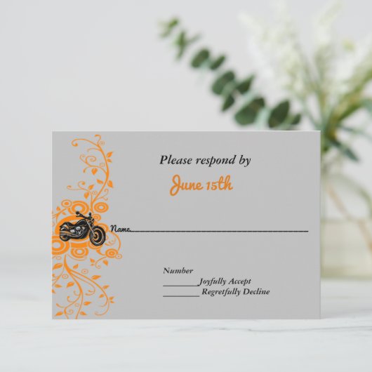Trouwmotorfiets grijs, oranje, zwart RSVP Kaart (Staand voorkant)