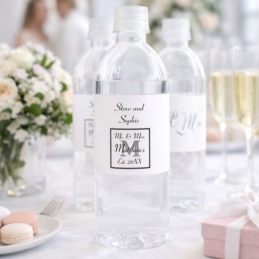 Trouwnamen in zwart en wit monogram waterfles etiket