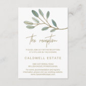 Trouwontvangstkaart met goud dooraderde eucalyptus informatiekaartje (Voorkant)