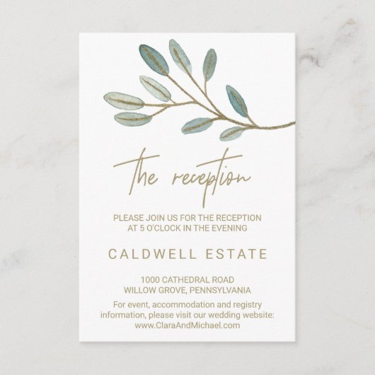 Trouwontvangstkaart met goud dooraderde eucalyptus informatiekaartje (Voorkant)