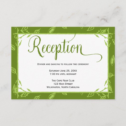 Trouwontvangstkaart met groene bladeren informatiekaartje (Voorkant)