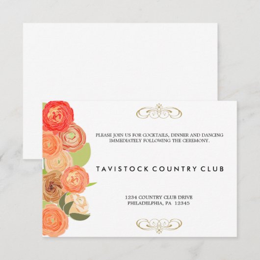 Trouwontvangstkaart met neervallende bloemen informatiekaartje (Voorkant / Achterkant)