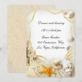 Trouwontvangstkaart met zandkasteel op het strand kaart (Voorkant / Achterkant)