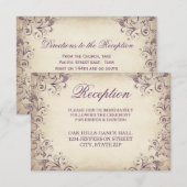 Trouwontvangstkaarten met paarse bloemmotieven in  informatiekaartje (Voorkant / Achterkant)