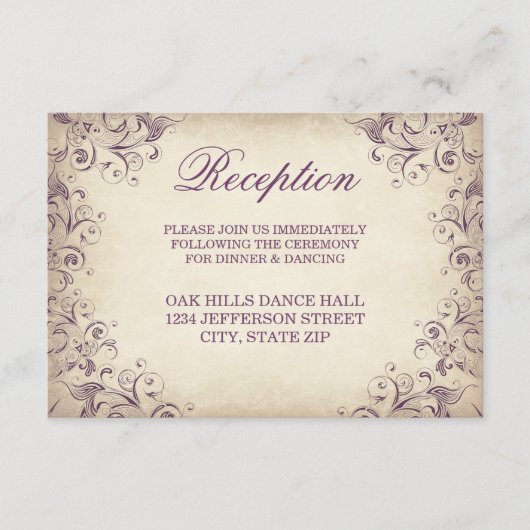 Trouwontvangstkaarten met paarse bloemmotieven in  informatiekaartje (Voorkant)