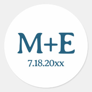 Trouwpaar Blauwe Initialen & Datum Ronde Sticker