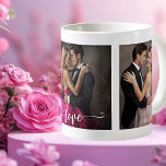 Trouwpaar foto's houden van Mok<br><div class="desc">Mok van de bruiloft met uw aangepaste foto's op een eenvoudige achtergrond (u kunt uw favoriete kleur kiezen in de geavanceerde editor). De "love" -tekst is een scriptstijl,  die u kunt aanpassen. Een mooi cadeau voor pasgetrouwden of moeder van de bruid of bruidegom,  evenals om een jubileum te vieren.</div>