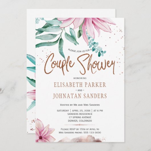 Trouwpaar koper glitter roze koppels douche kaart (Voorkant / Achterkant)