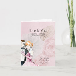 Trouwpaar met roze rozen bedankt voor de trouwerij