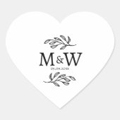 Trouwpaar Monogram Datum Elegant Botanisch Hart Sticker (Voorkant)