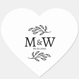 Trouwpaar Monogram Datum Elegant Botanisch Hart Sticker