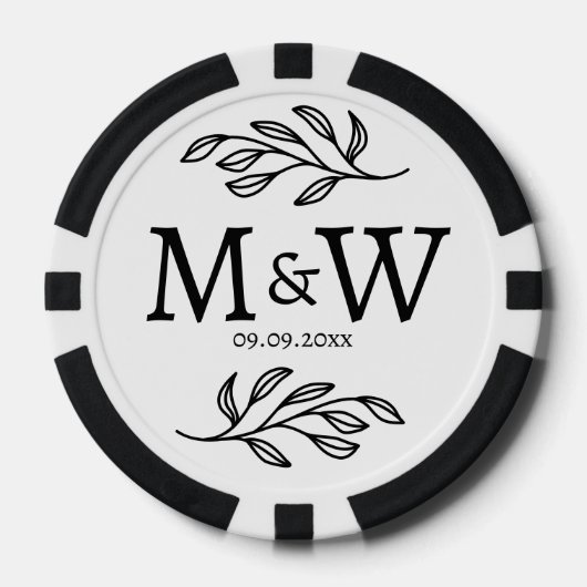 Trouwpaar Monogram Datum Elegant Botanisch Poker Chips (Voorkant)