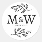 Trouwpaar Monogram Datum Elegant Botanisch Ronde Sticker (Voorkant)