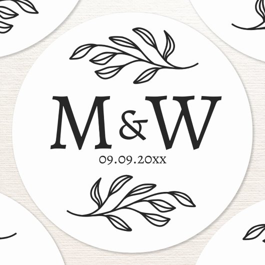 Trouwpaar Monogram Datum Elegant Botanisch Ronde Sticker