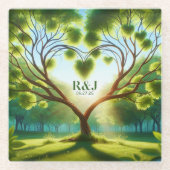 Trouwpaar Monogram Groen Glazen Onderzetter (Voorkant)