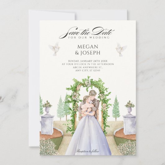 Trouwpaar tuin waterverf save the date (Voorkant)