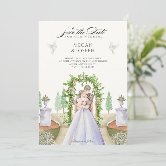 Trouwpaar tuin waterverf save the date (Staand voorkant)