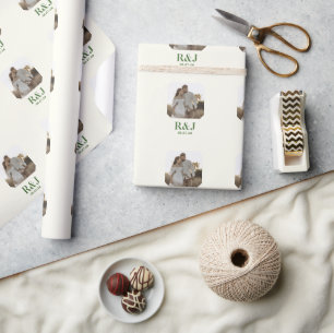 Trouwpaar Voeg foto toe Groen Monogram Cadeaupapier
