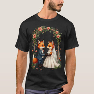 Trouwpaar Vos Wilde Bloem Waterverf Sticker T-shirt