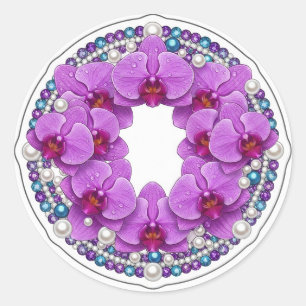 Trouwpaars Paarse Orchideeën Krans Decoratie Ronde Sticker