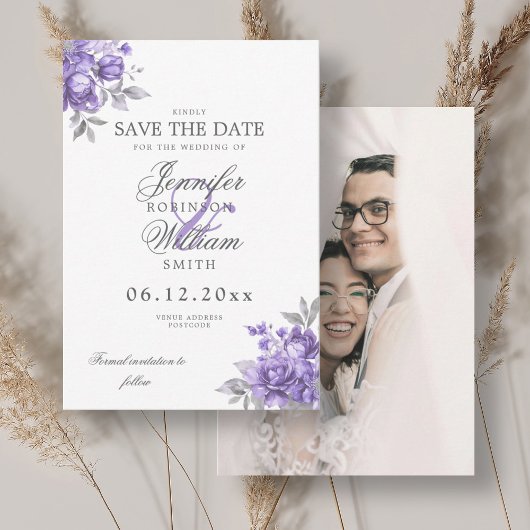 Trouwpaars Purper Rustieke Bloem Foto Bewaar Datum Save The Date