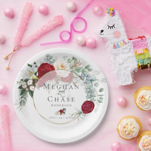 Trouwpapier Bord | Levendig rood pioenroos boeket (Feest)