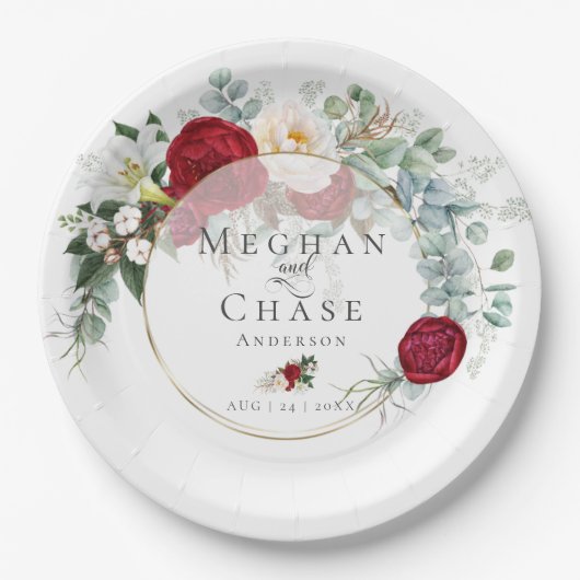 Trouwpapier Bord | Levendig rood pioenroos boeket (Voorkant)