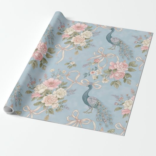 Trouwpapier met bloemen en pauwen cadeaupapier (Uitgerold)