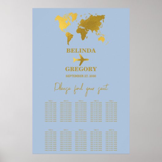 Trouwpaspoort Stofblauw Goud Stoelenplattegrond Poster (Voorkant)