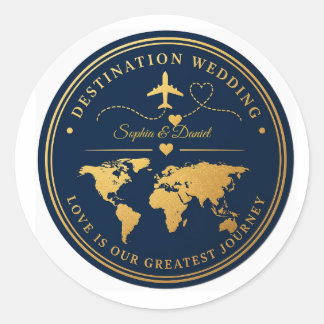 Trouwpasthulpklebber Navy Goud Bestemming Huwelijk Ronde Sticker