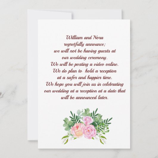 Trouwplannen gewijzigd, met roze roos pioenroos aankondiging (Voorkant)