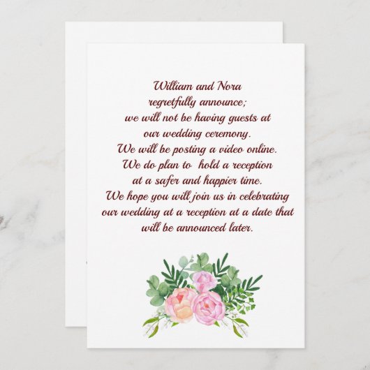 Trouwplannen gewijzigd, met roze roos pioenroos aankondiging (Voorkant / Achterkant)