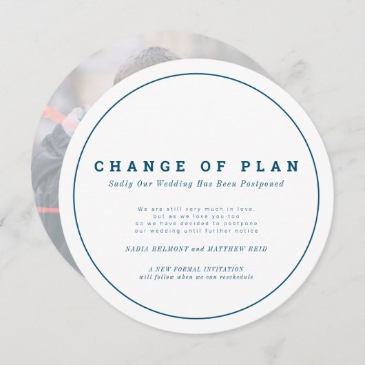 Trouwplannen gewijzigd uitgesteld blauw wit save the date (Voorkant / Achterkant)