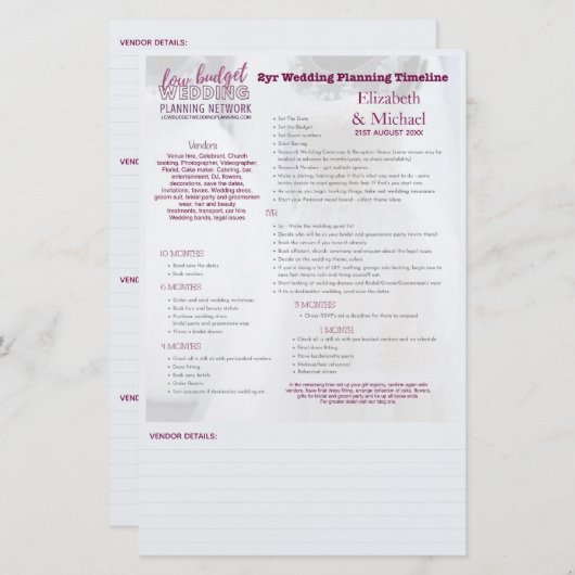 Trouwplanner 2jr Tijdschema Gepersonaliseerde Prin (Voorkant / Achterkant)