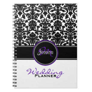 Trouwplanner met paars zwart wit damast monogram notitieboek