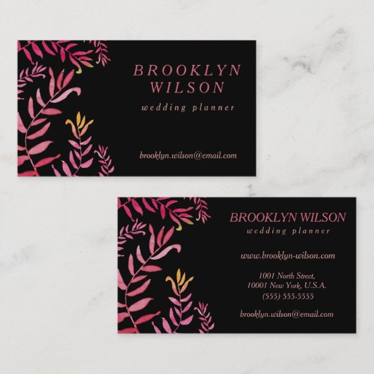 Trouwplanner Zwart Met Roze Bladeren Visitekaartje (Voorkant / Achterkant)