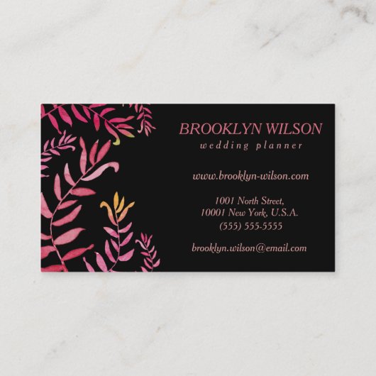 Trouwplanner Zwart Met Roze Bladeren Visitekaartje (Achterkant)