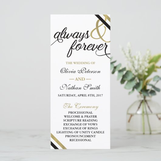 Trouwprogramma, Altijd & Voor Altijd, Faux Gold Programmakaart (Staand voorkant)