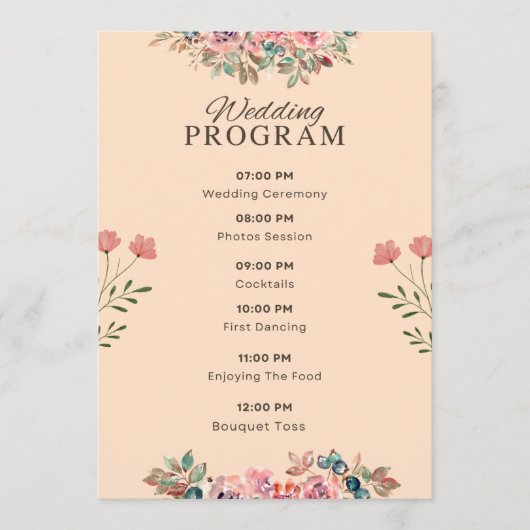 Trouwprogramma – Aquarel Bloemige Beige Ontwerp Programmakaart (Voorkant)